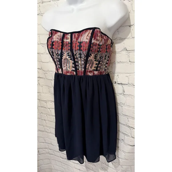 Ya Los Angeles Strapless Boho Mini Dress Silk Blend Navy Aztec Tapestry Print S - Image 2