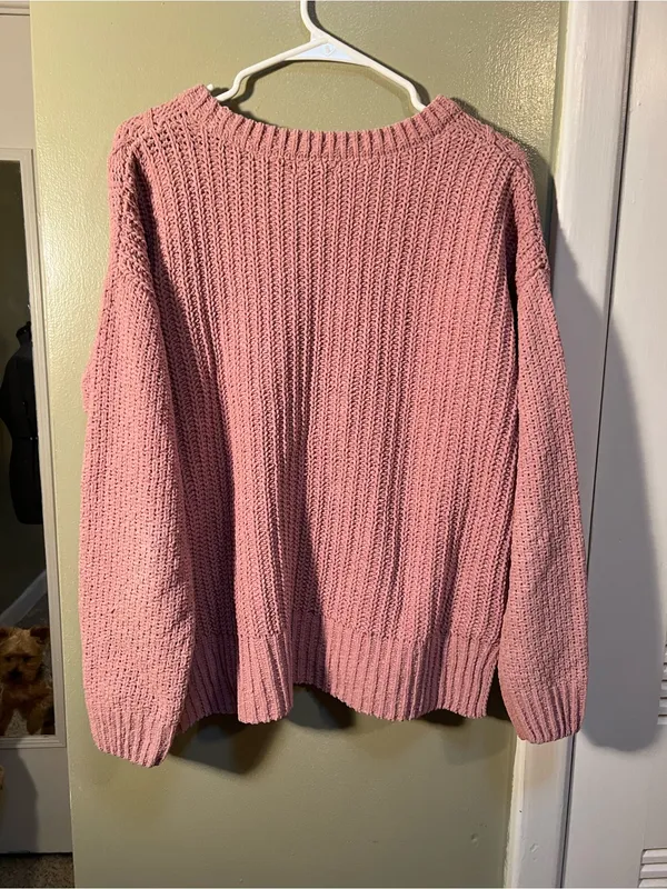 SO Womens Size Large Crewneck Sweater Chenille Light Pink Cable Knit Balloon Slv - Image 6