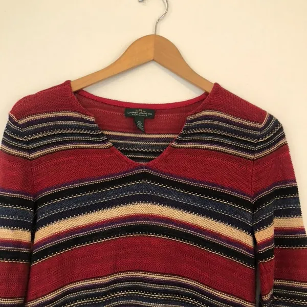 RALPH LAUREN JEANS CO LRL Red Navy Blue Striped Cotton Linen 3/4 Sleeve Sweater - Image 2