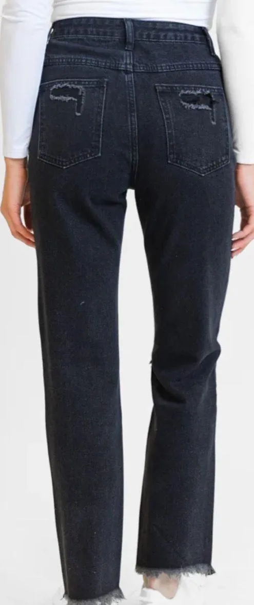 Pink Lily Megan Black Wash Distressed Straight Leg Tall Mom Jeans - Image 3