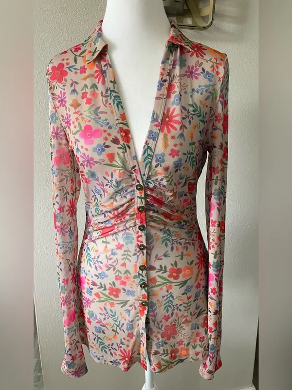 Natural Life Carina Mesh Top Floral Wildflower Ruched Button Down - Image 2