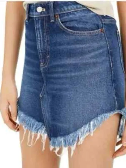 Free People Bailey Denim Mini Skirt Frayed Mountain Blue Size 28 - Image 4