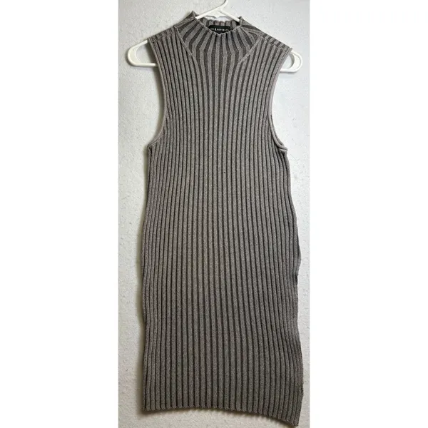 Rock & Republic Womens Mock Neck Ribbed Sleeveless Sweater Dress Gray Taupe L - Image 2