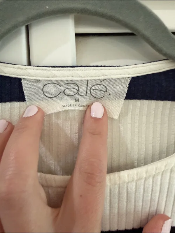 CALE Striped Ribbed Long-Sleeve Top in White, Navy & Pink - Image 2