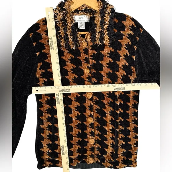Lisa International Zip‎ Sweater Womens Gold Black Argyle Chenille Frilly 90s Y2K - Image 6
