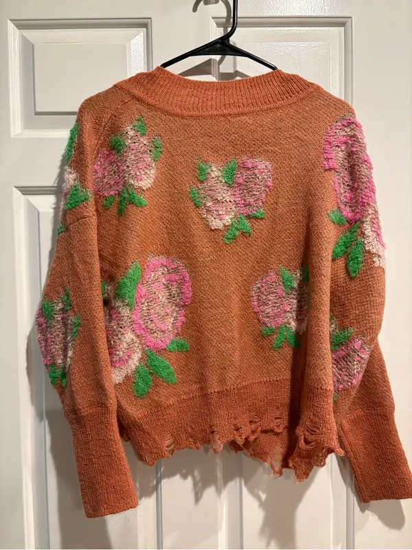 Anthropologie slouchy oversized sweater floral distressed hem sz XS pink boxy - Image 4