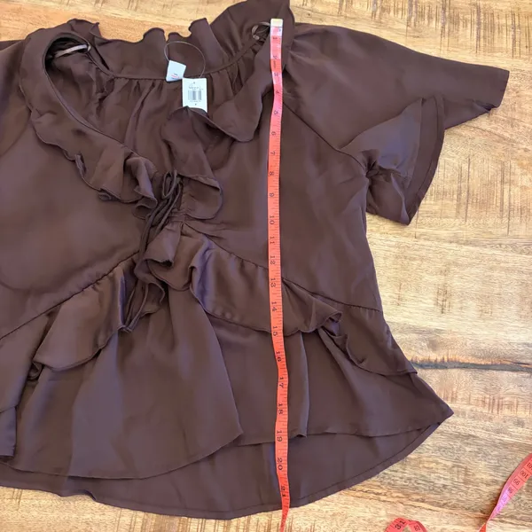 Old Navy Satin‎ Ruffle Tie Front Blouse Top Womens S Romantic Casual Chic Brown - Image 8