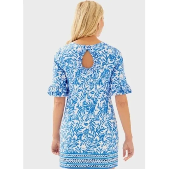 Lilly Pulitzer Shift Dress Blue 00 Womens Ruffle‎ Sleeve Lobster Print Mini - Image 2