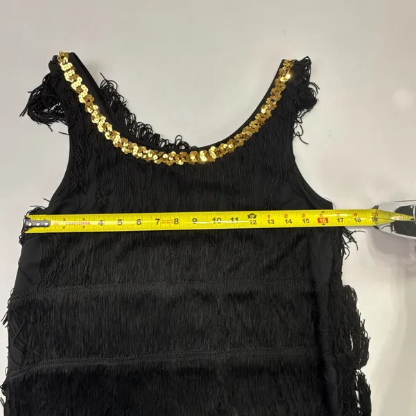 Women's Black Flapper Dress with Gold Sequin Neck Trim and Tiered Fringe - Image 7