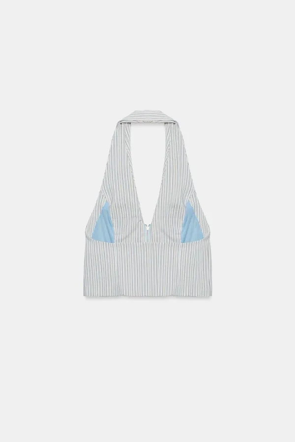 BNWT Zara Blue, Cream & Brown Striped Collared Vest Halter Top - Image 6