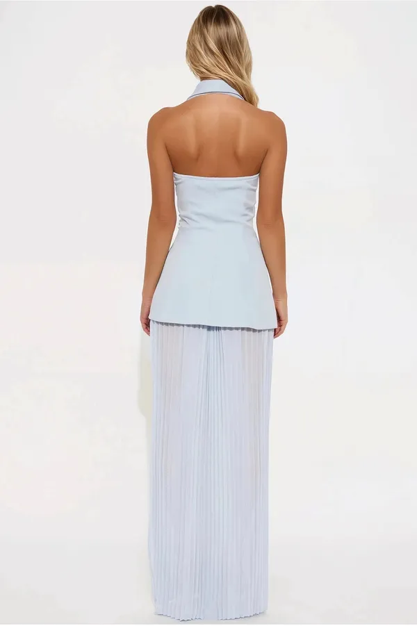 Sleeveless Light Blue Pleated Maxi Skirt - Image 2
