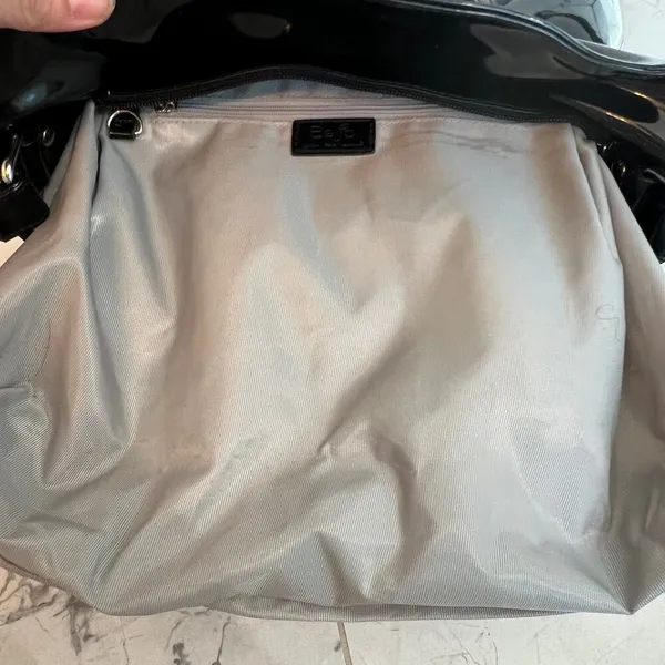 Beijo Black Vegan Patent Leather Paper Bag Handbag Polka Dot Scarf Twee Preppy - Image 9