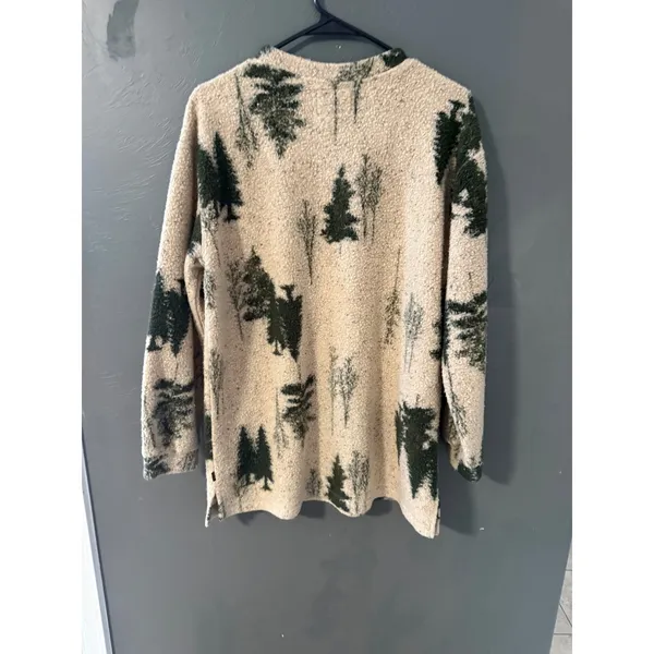 Woolrich Vintage Pine Tree Sherpa Fleece Pullover V-Neck Cream Green Womens S - Image 6