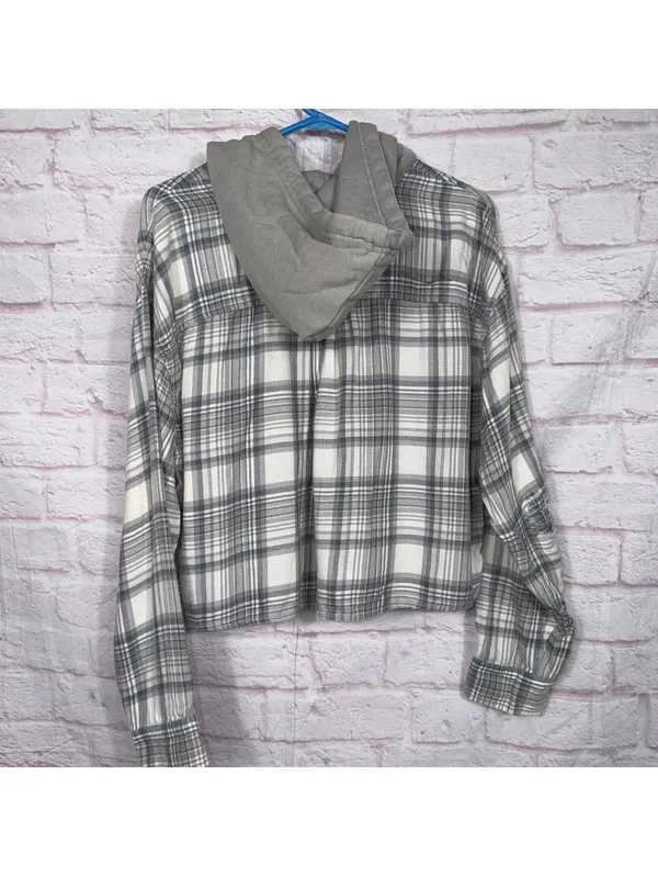 American Eagle Hooded Flannel Shirt - Gray Plaid, Size L - Image 6