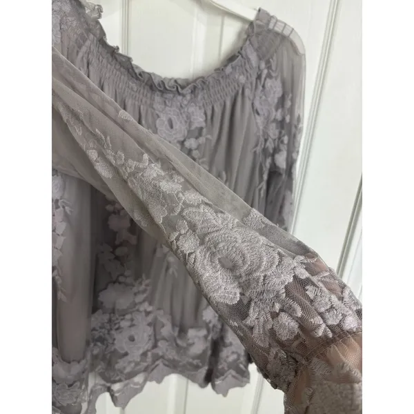 Gray Sheer Lacy Floral Long Sleeve Top M Fairy Grunge Dark Romance Bell Cuff - Image 4