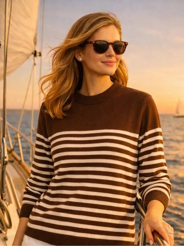 J. McLaughlin Chocolate Ivory Striped Fall Crewneck Sweater Quiet Luxury L - Image 2