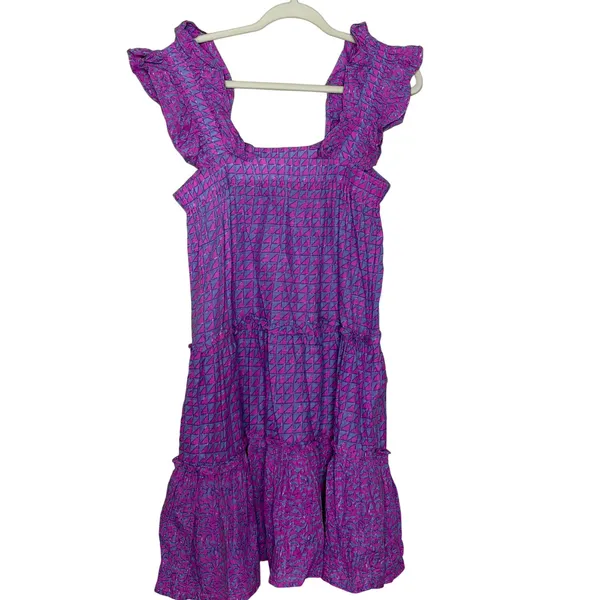 Uncle Frank Purple Boho Mini Dress Ruffle Sleeve Cotton Pockets Small - Image 2
