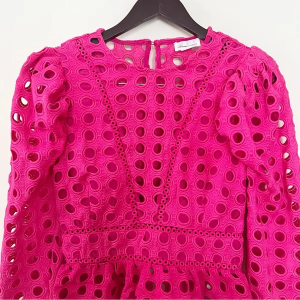 Lovers + Friends Hot Pink Puff Sleeve Peplum Top Cut Out Eyelet Size Small - Image 4