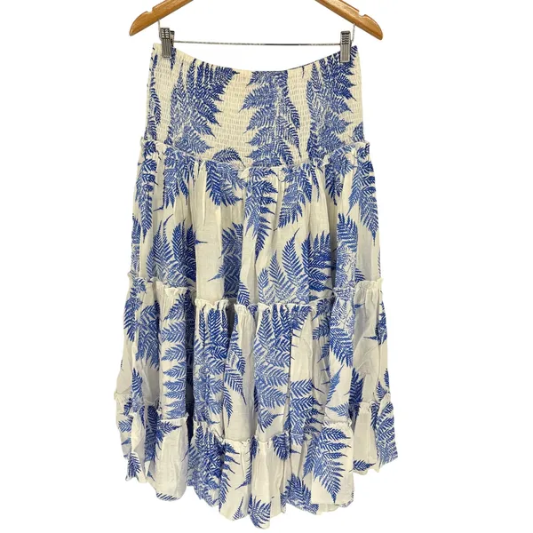 ee:some Blue White Botanical Fern Print Tiered Ruffle Maxi Skirt Dress‎ Smocked - Image 4