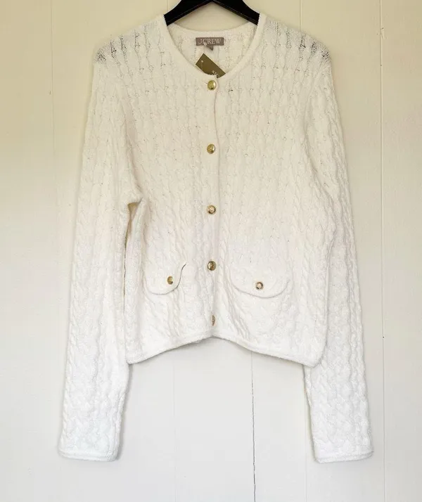 NWT J.CREW Odette Cable-Knit Sweater Lady Jacket Cotton Blend Bouclé Ivory M - Image 4