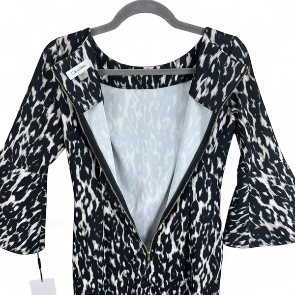 Calvin Klein NWT Womens Black White Animal Print Bell Sleeve Sheath Dress Size 2 - Image 4