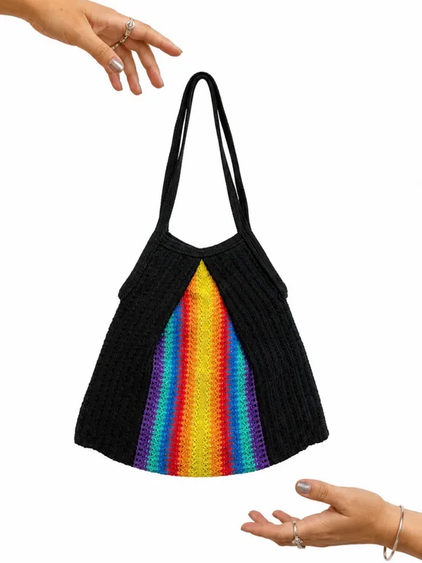 Vintage Rainbow Colorful Woven Shoulder Bag Black Bohemian Pride Hobo Tote - Image 2