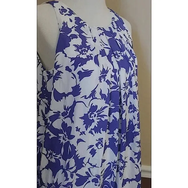 Floral Pleated Sleeveless Shift Dress White & Indigo Blue by Pink Owl ModCloth - Image 2