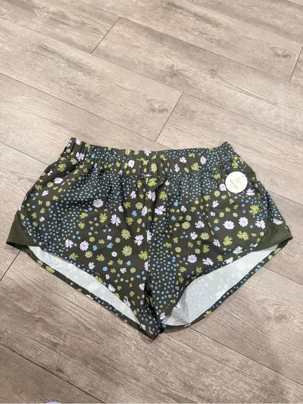 aerie Olive Floral Athletic Shorts with Blue & White Daisies - Image 2