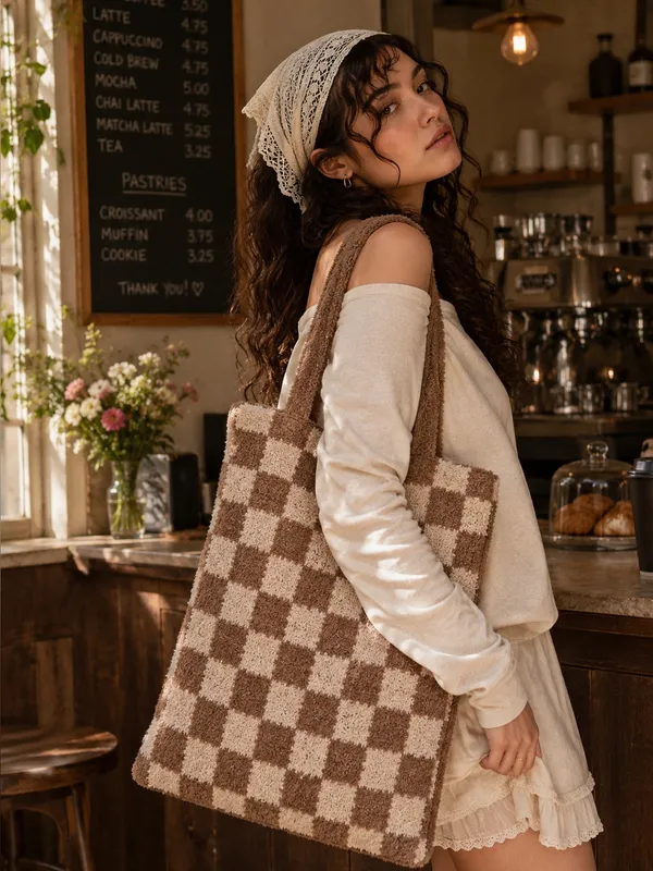 Free People Cozy Checkered Knit Tote Bag | Soft Fuzzy Neutral Bookbag Market - Image 2