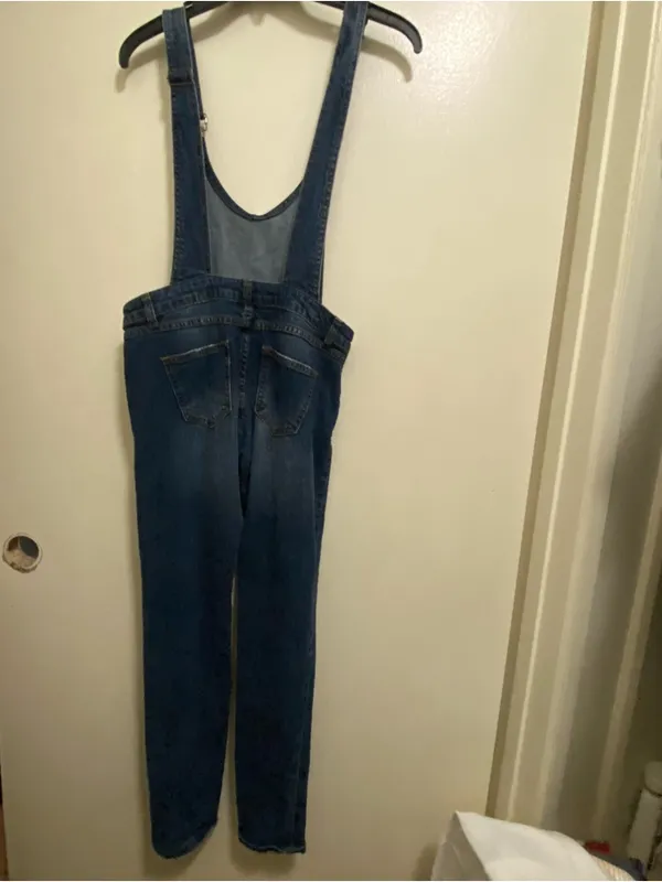 I&M Jeans Womens Dark Blue Wash Denim Overalls Pants S Small 29” Distressed - Image 6