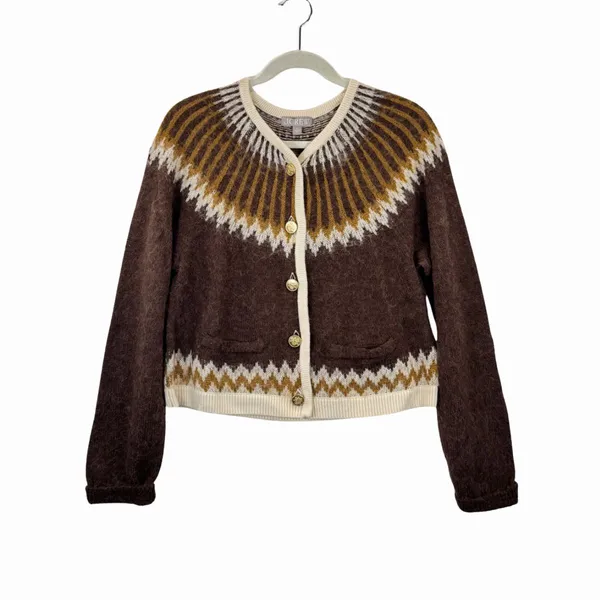 J.CREW Cardigan Brown Brushed Yarn Fair Isle Alpaca Wool Sweater Fuzzy Large - Image 2