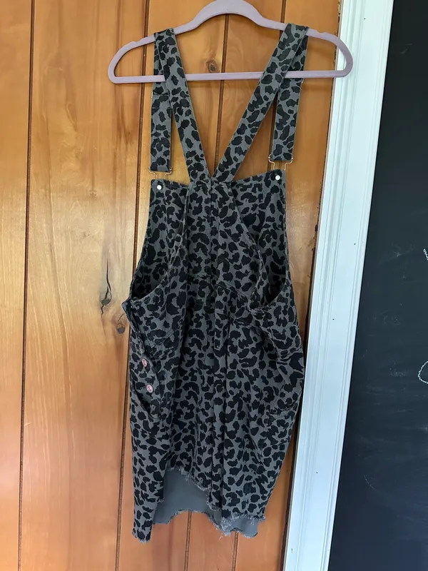 Snow Leopard Print Denim Overalls Mini Dress Multi Size 1X - Image 5
