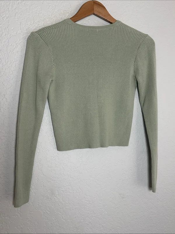 NEW John Galt Crop Sweater Brandy Melville Sage Green Ribbed V-Neck Button - Image 6