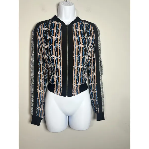 BCBGMAXAZRIA Harrison Mixed Print Bomber Jacket - Blue & Tan Abstract‎ - XS - Image 3