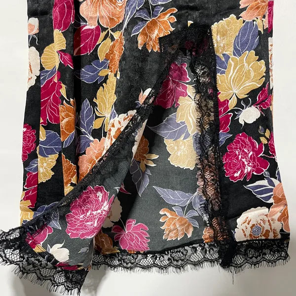 New Band of the Free Floral Print Lace Slit Slip Midi Skirt Black Multi Size XS - Image 12
