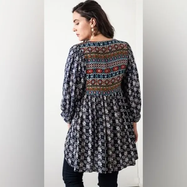 Umgee Navy Boho Aztec Print Mini Dress 3/4 Sleeve Babydoll Tunic Size Medium - Image 2