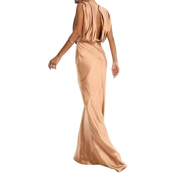ASOS Design Textured Satin Drape Shoulder Maxi in Brown, Size 14 - Image 2