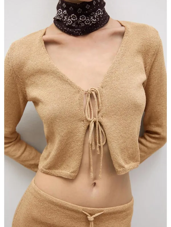 Mango Knitted Cardigan with Bow Jadore Gold XS - Image 4
