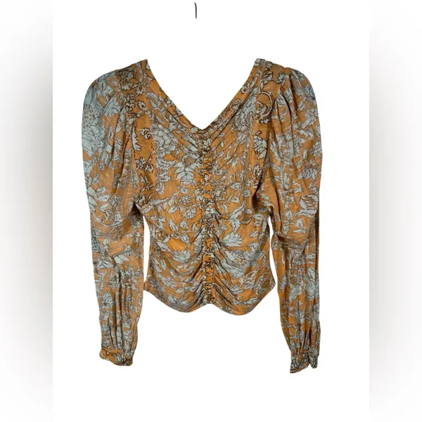 Free People Floral Crop Top XS Orange Cream Boho Long Sleeve Ruched Front Blouse - Image 3