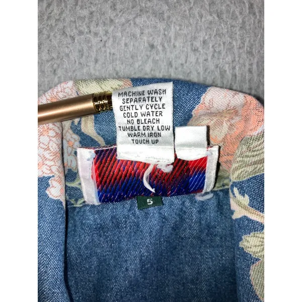 Vintage 90s Floral‎ Denim Shirt Women L Button Up Retro Western S/S Rodeo Boho - Image 7