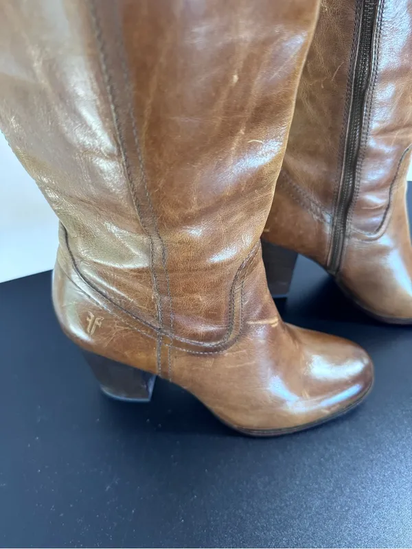 Frye Parker Tall Cognac Brown Leather Mid-Heel Knee Boots - Image 2