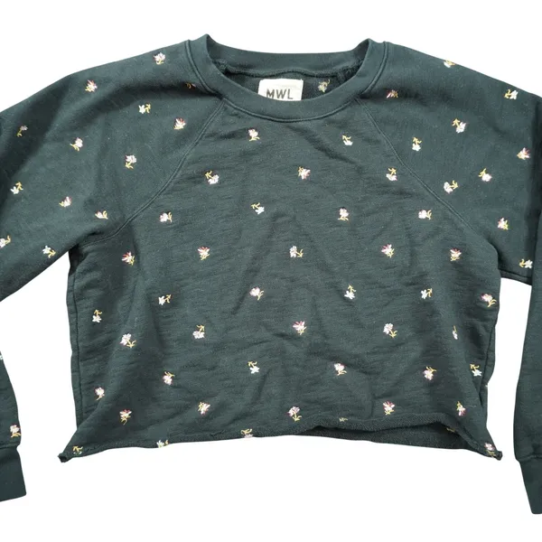 Madewell MWL Size Medium Black Floral Embroidered Cropped Sweatshirt Cozy‎ Dorm - Image 4