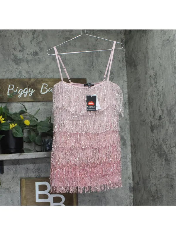 NWT Aqua X Salvatore Rizza Womens Tiered Ombre Fringe Mini Dress IDO14332 Pink M - Image 2