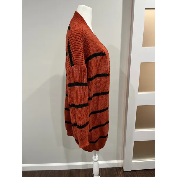 Chunky‎ cozy oversized SHEIN Orange Black Striped Knit Cardigan Sweater Women M - Image 2