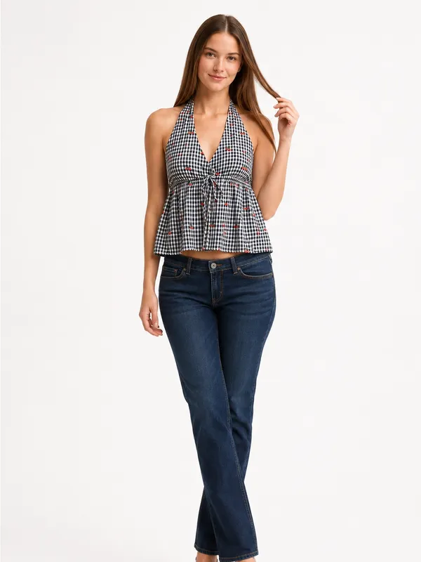 American Eagle Cherry Gingham Halter Peplum Top XS Embroidered Babydoll Y2K - Image 11