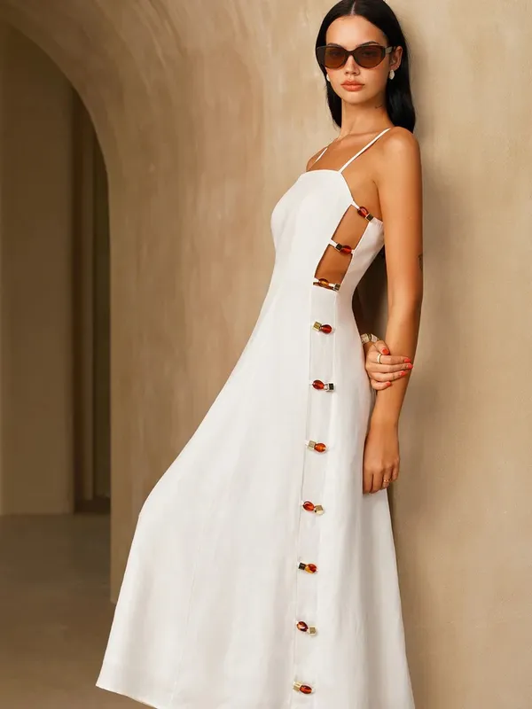 Commense Amber Detail Cami Midi Dress White Linen Blend Side Cutout Size S NWT - Image 2