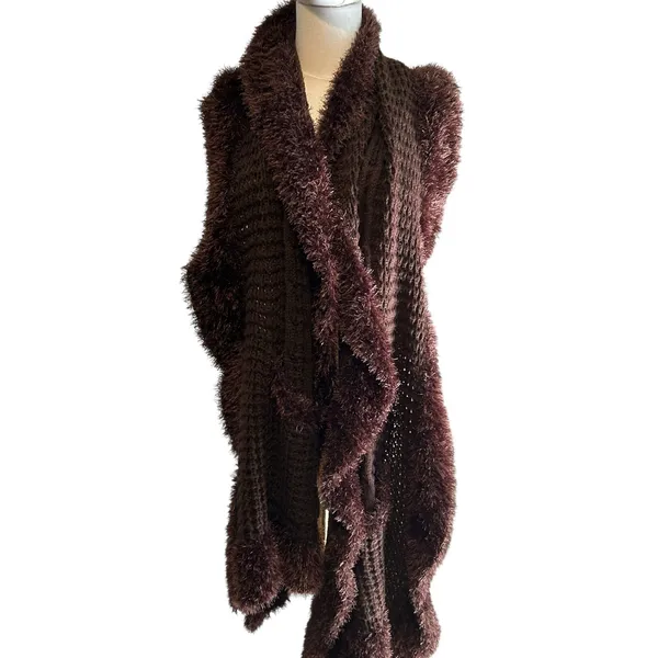 Scarf Shawl Wrap w/ Faux Fur Edging and Pockets Brown Knit CTF Choose the Future - Image 5