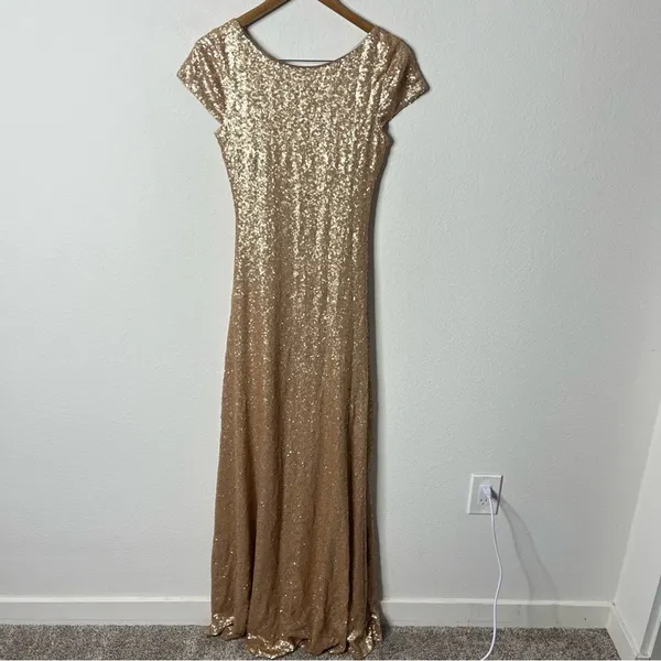 Revelry Chloe‎ Sequin Dress Gold Maxi Floor Length Gown Scoop Open Back Womens 4 - Image 2