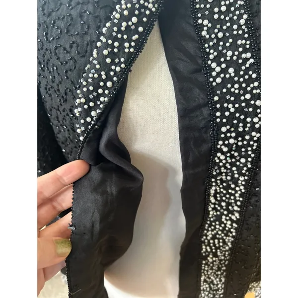 Vintage Old Money Black Silk Faux Pearl Trim Beaded Blazer Evening Jacket - Image 5