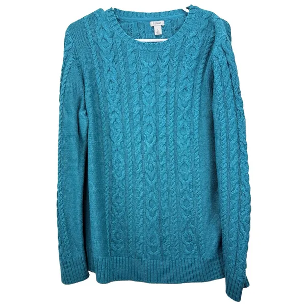 LL Bean Teal Double L Mixed Cable Cotton Crew Neck Pullover Sweater Size LARGE - Image 3